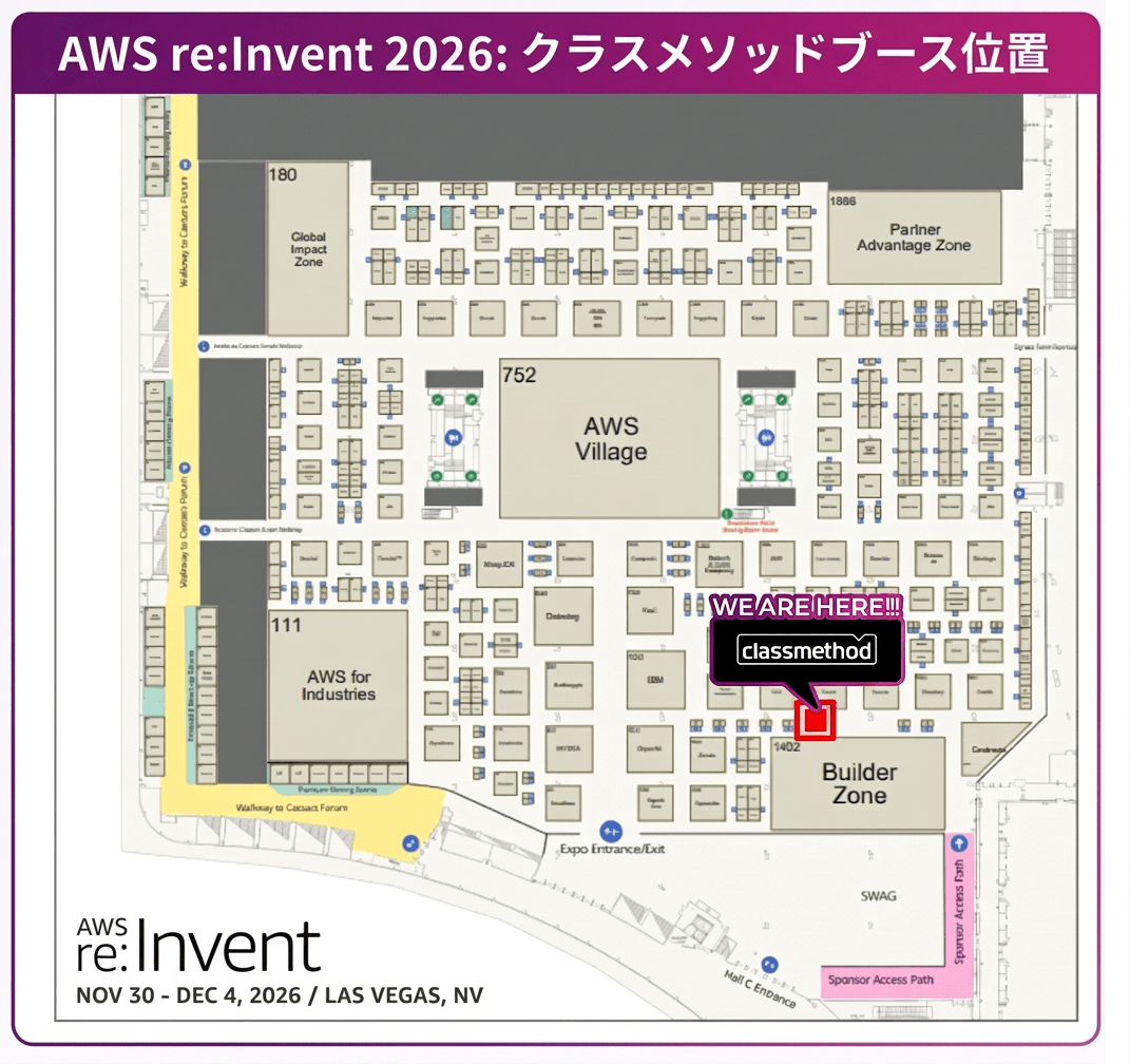 AWS re:Invent 2026 クラスメソッドブース位置のフロアマップ。Builder Zoneの北側、ブース番号1618